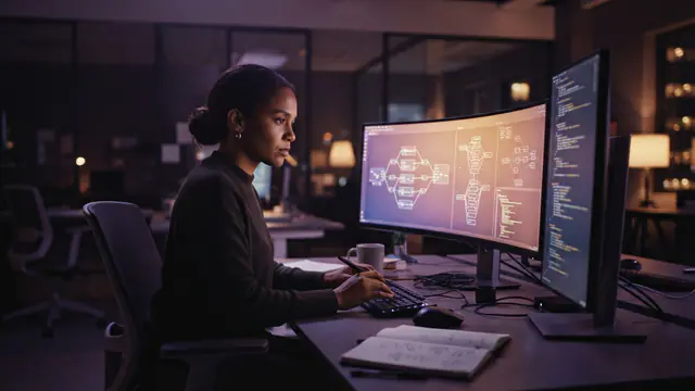 An engineer reviewing code architectures and contextual diagrams on monitors in a dimly lit office