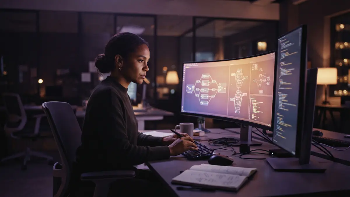 An engineer reviewing code architectures and contextual diagrams on monitors in a dimly lit office