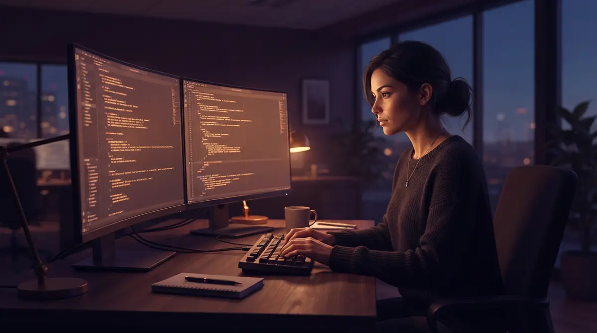 Illustration of a software developer using AI coding assistance software in an office
