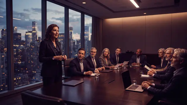 Illustration of a tech executive presenting financial results to investors in a modern boardroom
