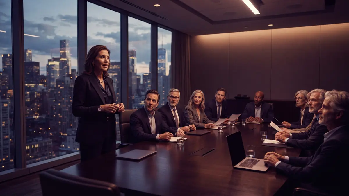 Illustration of a tech executive presenting financial results to investors in a modern boardroom