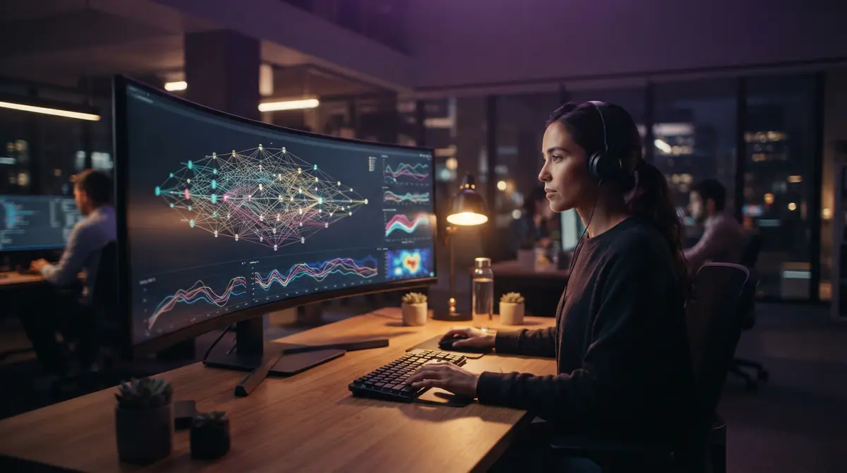 Software developer reviewing performance metrics and latency telemetry on an office display