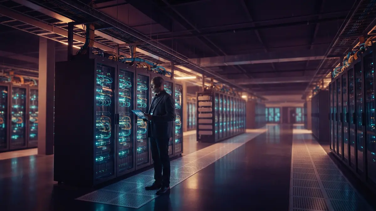 Modern enterprise data center with illuminated optical server racks