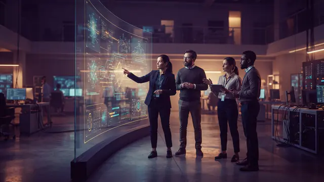 Illustration of a tech workspace with developers collaborating on advanced software systems