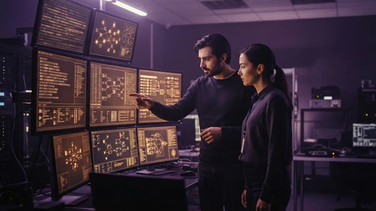 Illustration of a cybersecurity research laboratory showing data streams and network diagnostics.