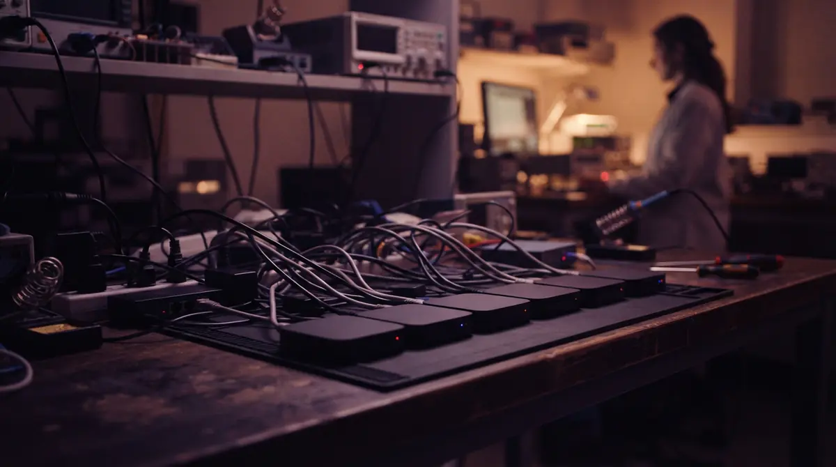 A row of small black streaming set-top boxes linked by network cables on a test bench.