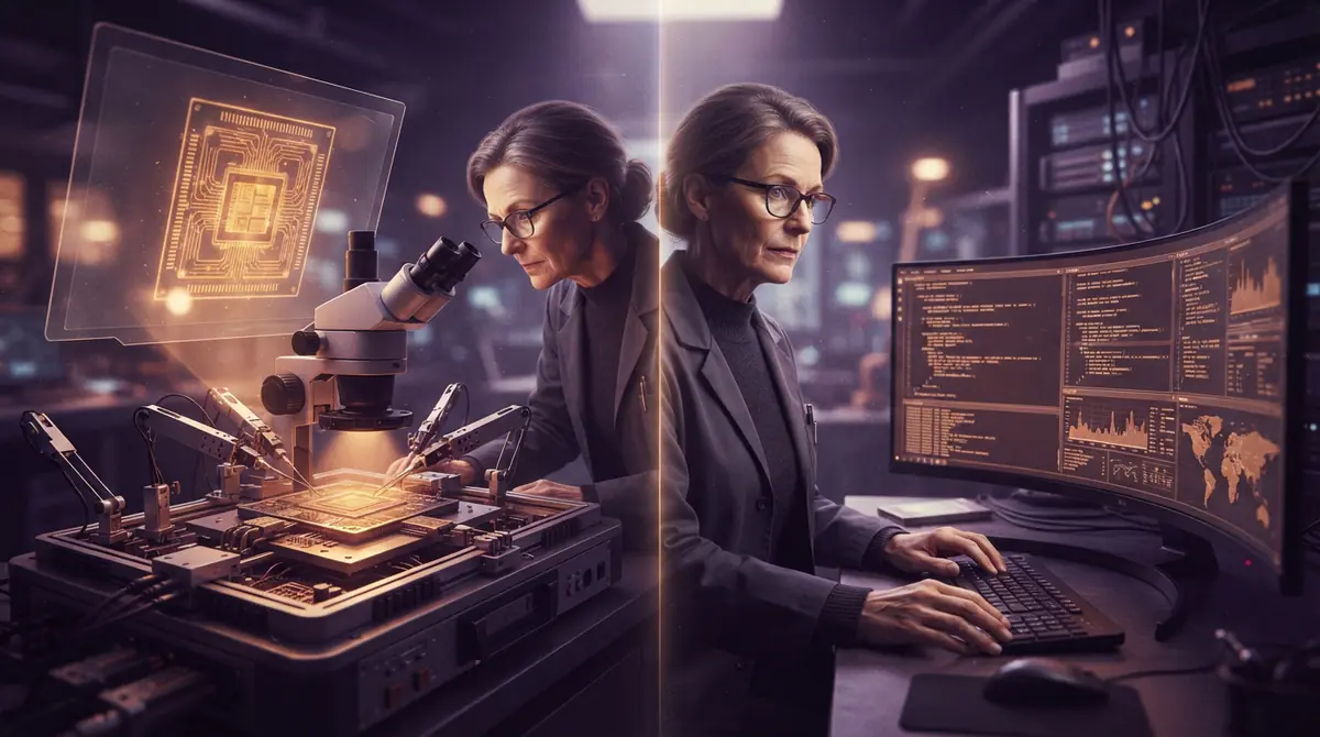 Conceptual illustration of an AI agent analyzing computer hardware and executing command-line instructions.