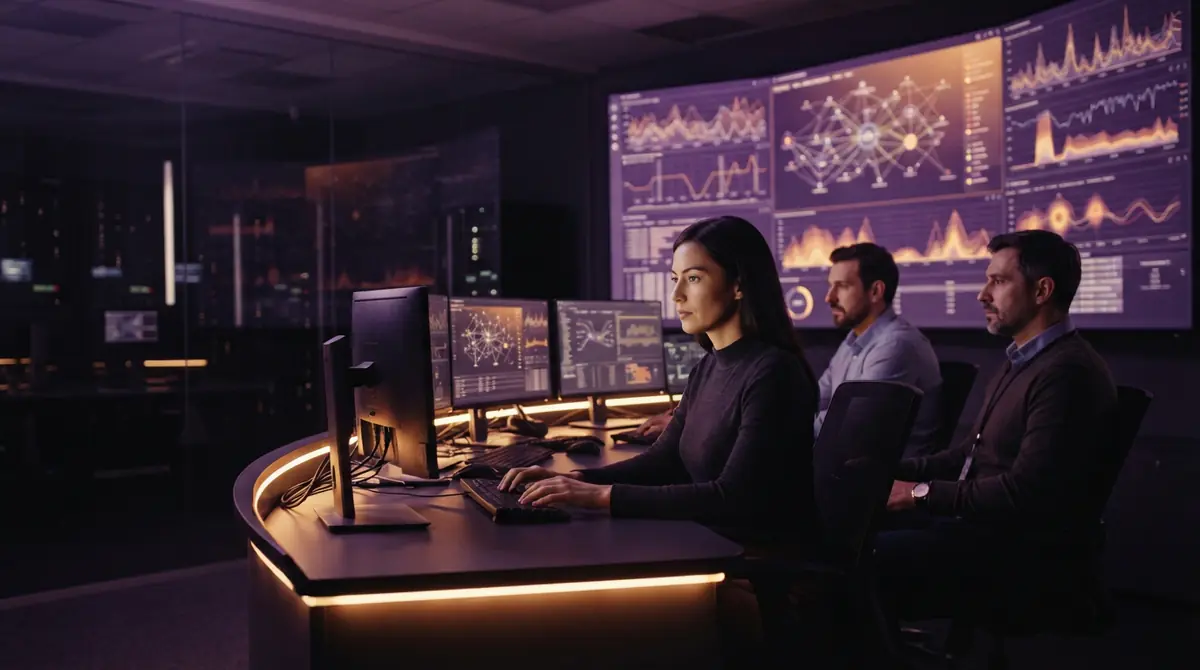 Cybersecurity operations center showing network monitoring dashboards and traffic graphs.