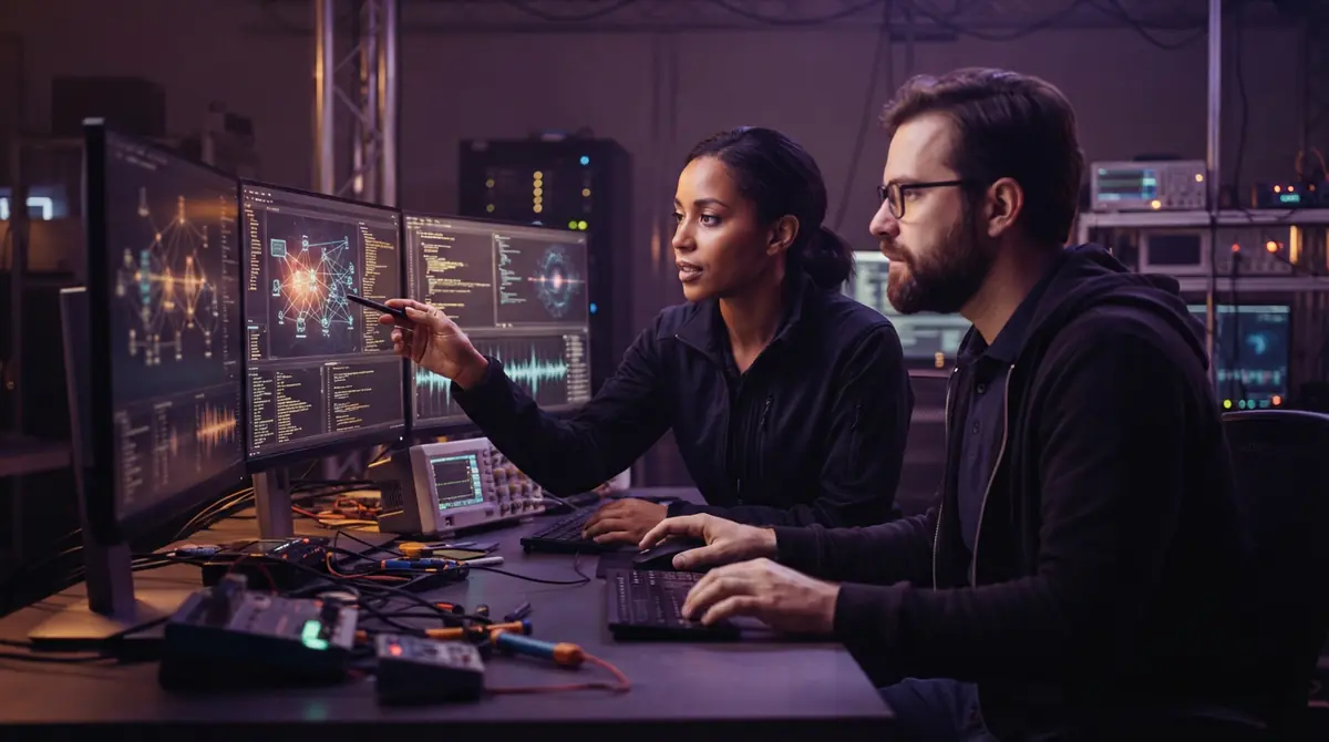 Cybersecurity engineers reviewing technical diagnostic data on lab displays.