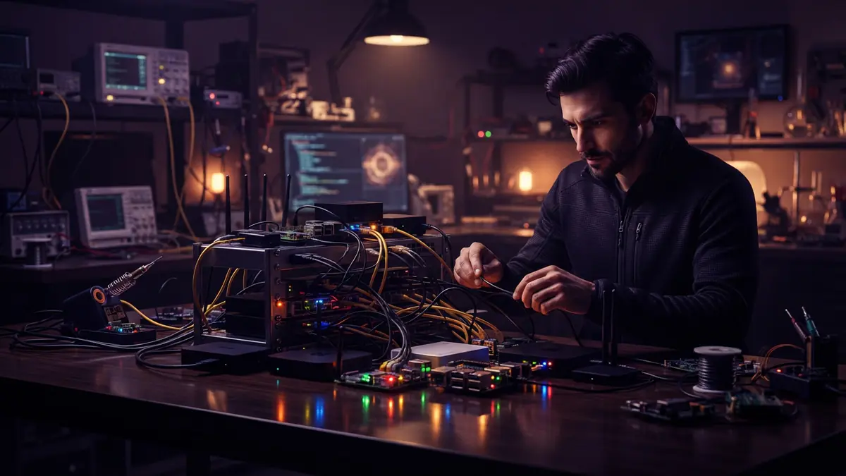 A networked cluster of small consumer hardware devices linked together in a technical laboratory.
