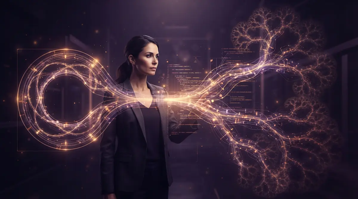Abstract visualization of branching computer code choosing between immediate shortcuts and recursive training updates