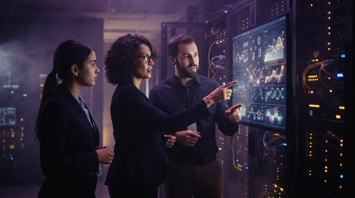 Computer scientists studying model benchmark graphs and evaluation statistics next to a data rack