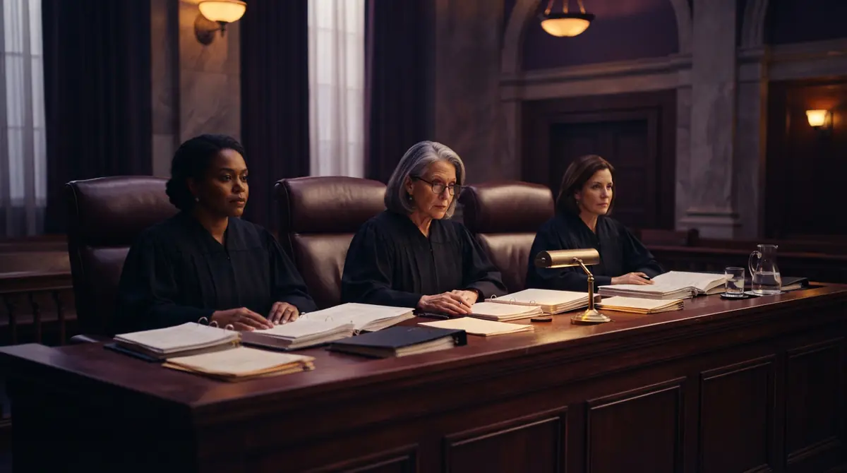 A three-judge appellate panel presiding over a hearing at a wooden bench.