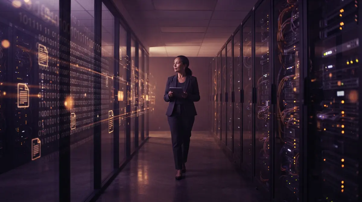 Data server racks with digital streams representing artificial intelligence training systems.