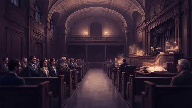 A formal federal appellate courtroom interior with legal volumes and digital data visual motifs.