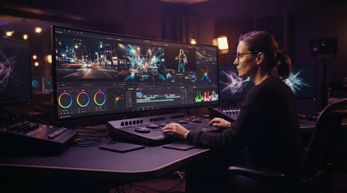 An illustration depicting advanced motion graphics, color tracking, and video editing workflows