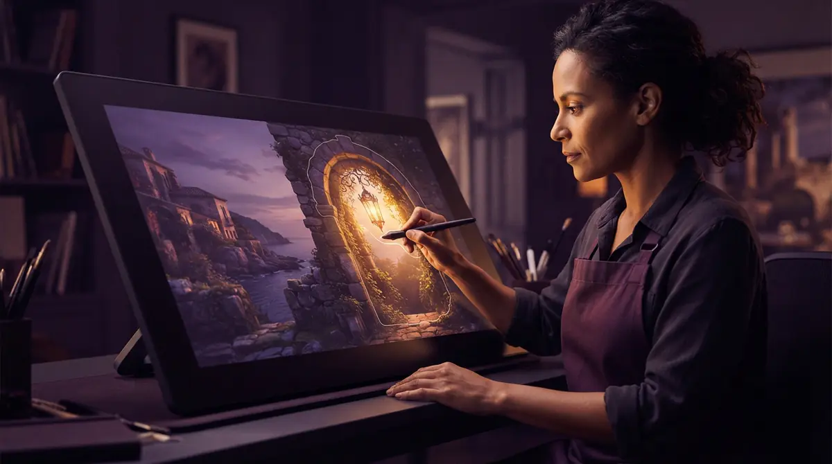 An illustration showing generative image filling and texture matching on a digital canvas