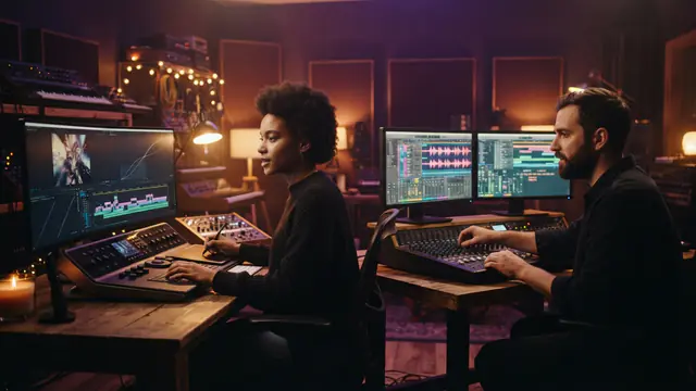 An illustration of media professionals working on video and audio timelines in a contemporary creative studio
