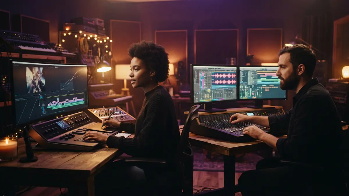 An illustration of media professionals working on video and audio timelines in a contemporary creative studio