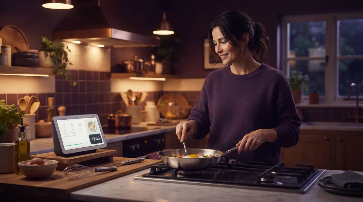 An AI-generated illustration of a home cook preparing food near a smart counter display.