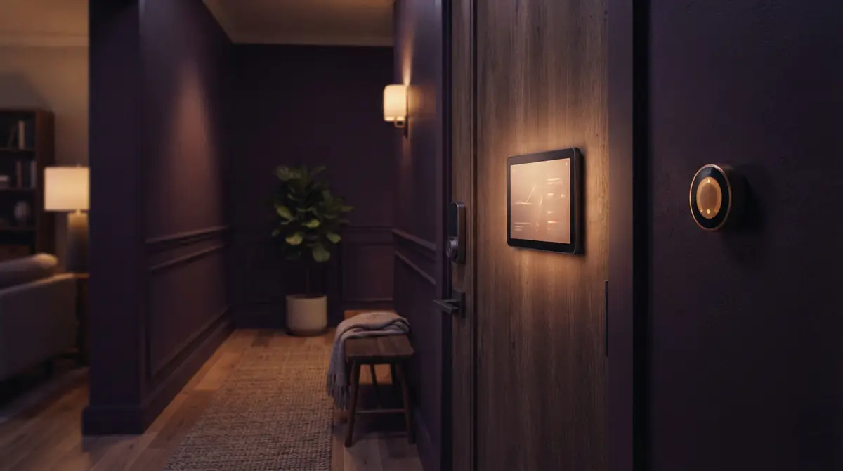 An AI-generated illustration of a wall-mounted smart controller near a home entryway.