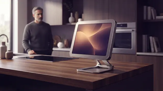 An AI-generated illustration of a sleek tabletop smart display on a contemporary kitchen counter.