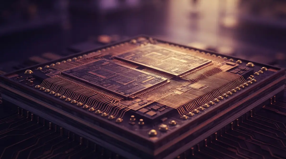 An illustration of a large dual-die integrated computer processor.