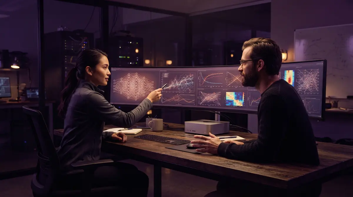 An illustration of researchers monitoring computer vision and model processing in a tech laboratory.