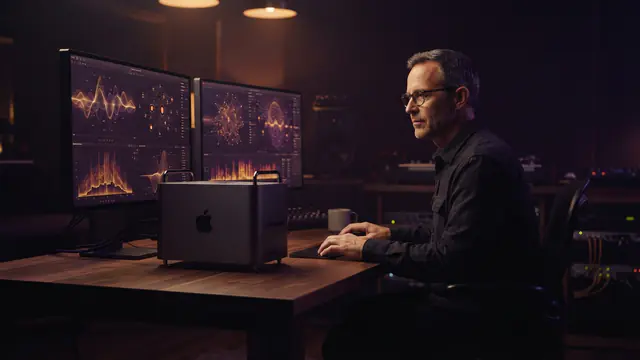 An illustration of a compact aluminum desktop workstation on an editing desk.