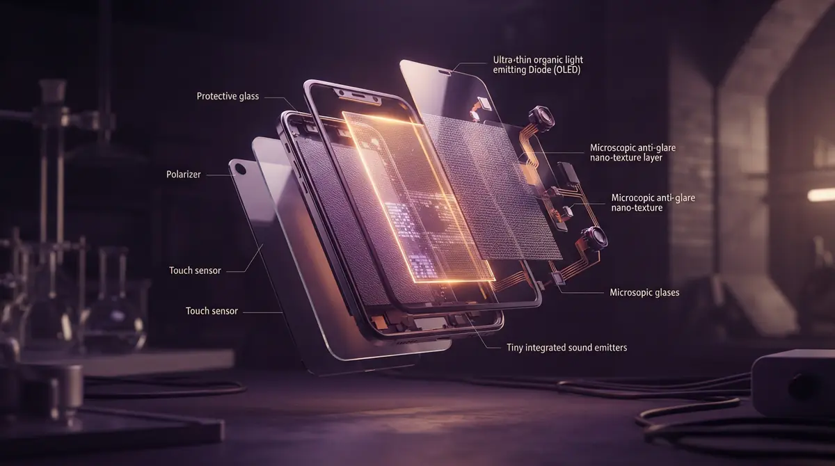 Technical illustration showing the internal layered construction of a modern compact OLED display.