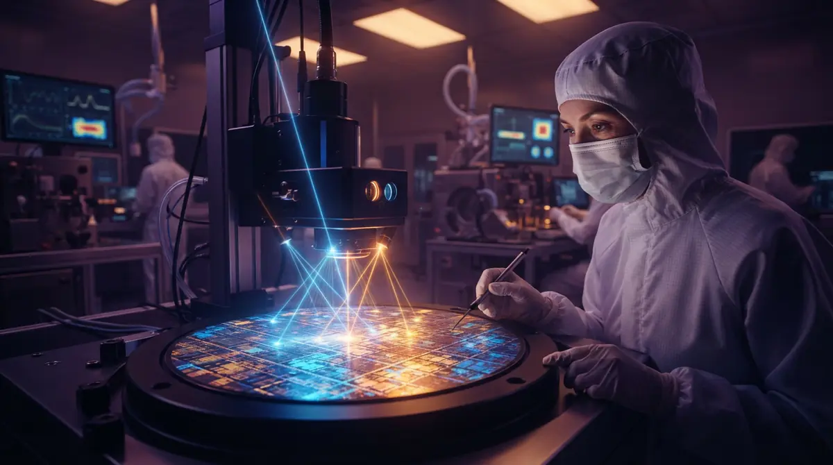 Illustration of an advanced mobile system-on-chip wafer undergoing precision fabrication.