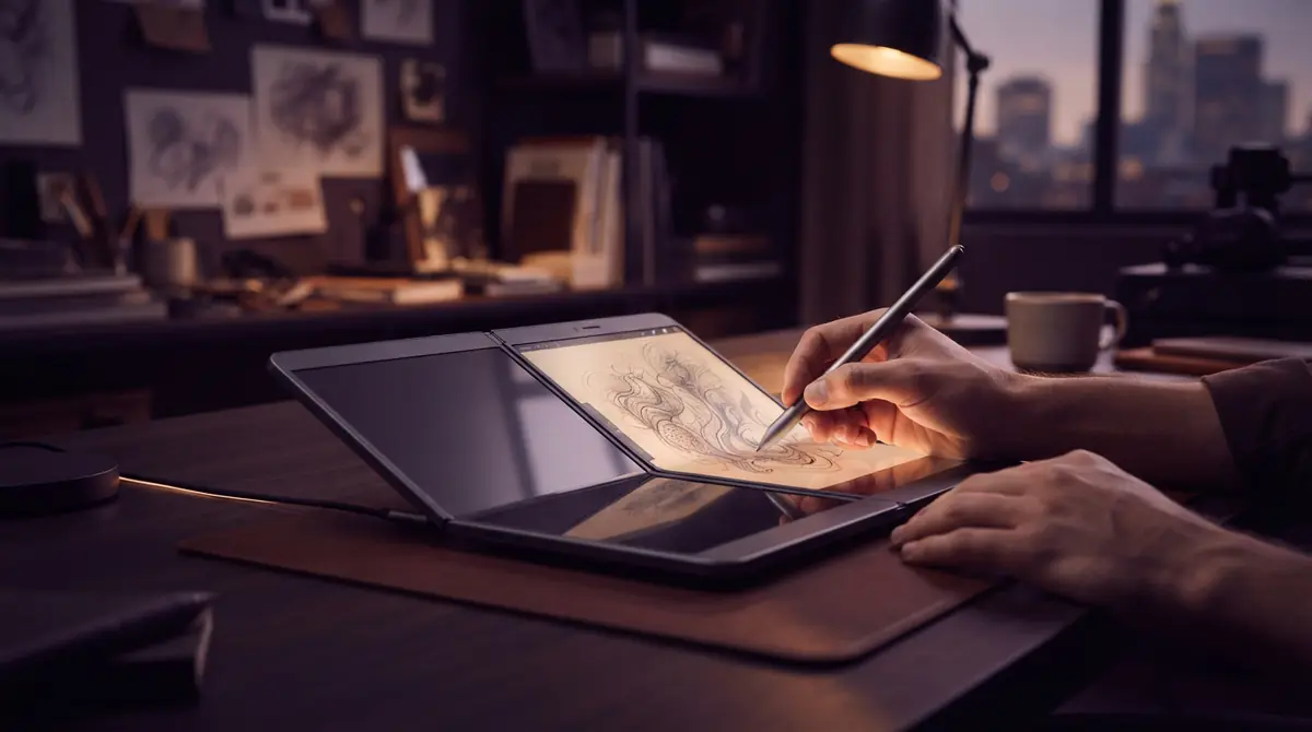 An illustration showing a digital stylus being used on a dual-screen foldable mobile device.
