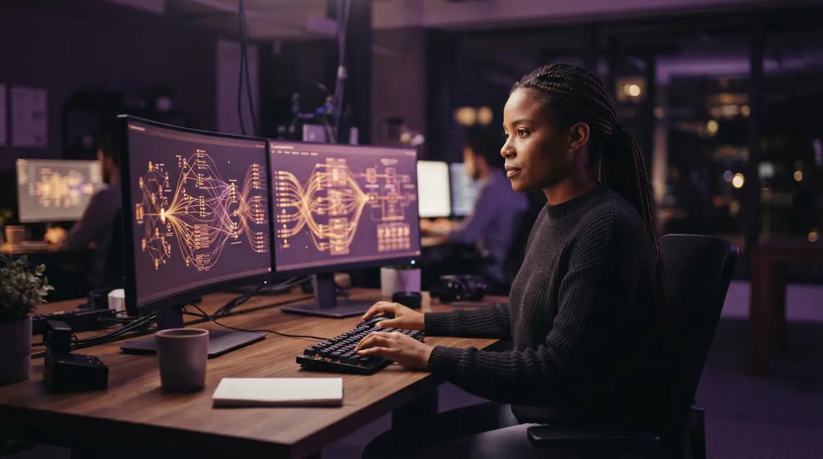 Illustration of a software developer reviewing data access flows in a modern office.