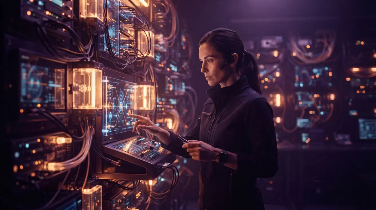 Illustration of a cybersecurity analyst reviewing automated agent permissions.