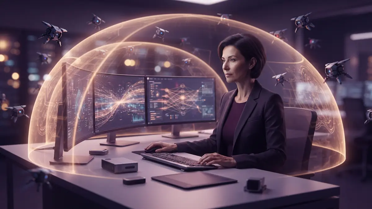 Conceptual illustration showing digital security barriers shielding computer data from autonomous digital agents.