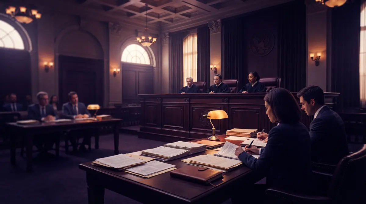 An appellate court bench viewed from behind the counsel tables with legal briefs and documents.