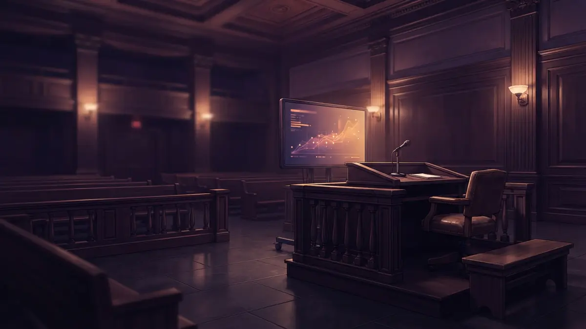 An empty courtroom with a digital screen standing beside a witness stand under formal lighting.