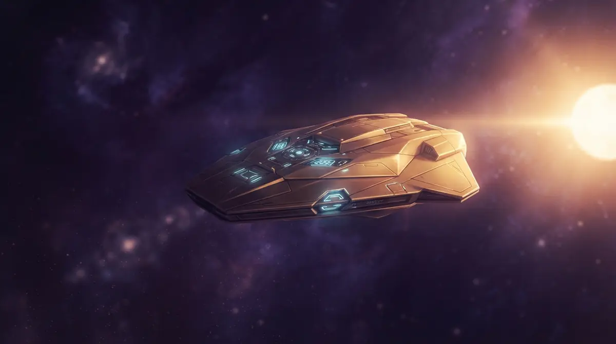 A golden autonomous spacecraft traveling through deep space illuminated by starlight.