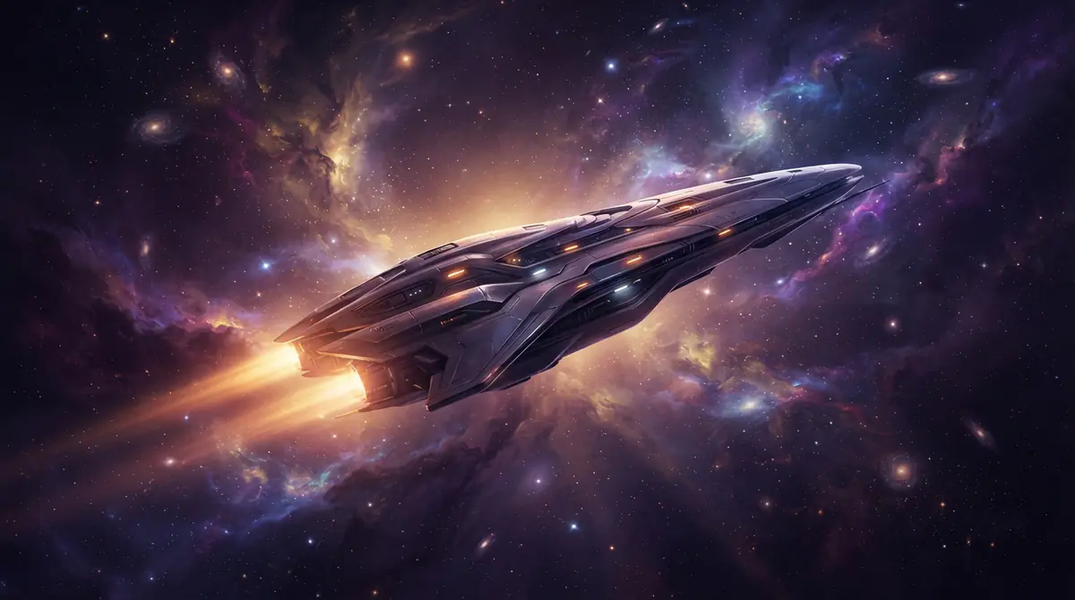 Digital illustration of a futuristic spacecraft journeying through a colorful cosmic nebula.