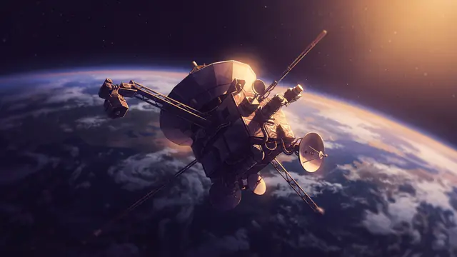 An autonomous robotic spacecraft orbiting above Earth in low Earth orbit.