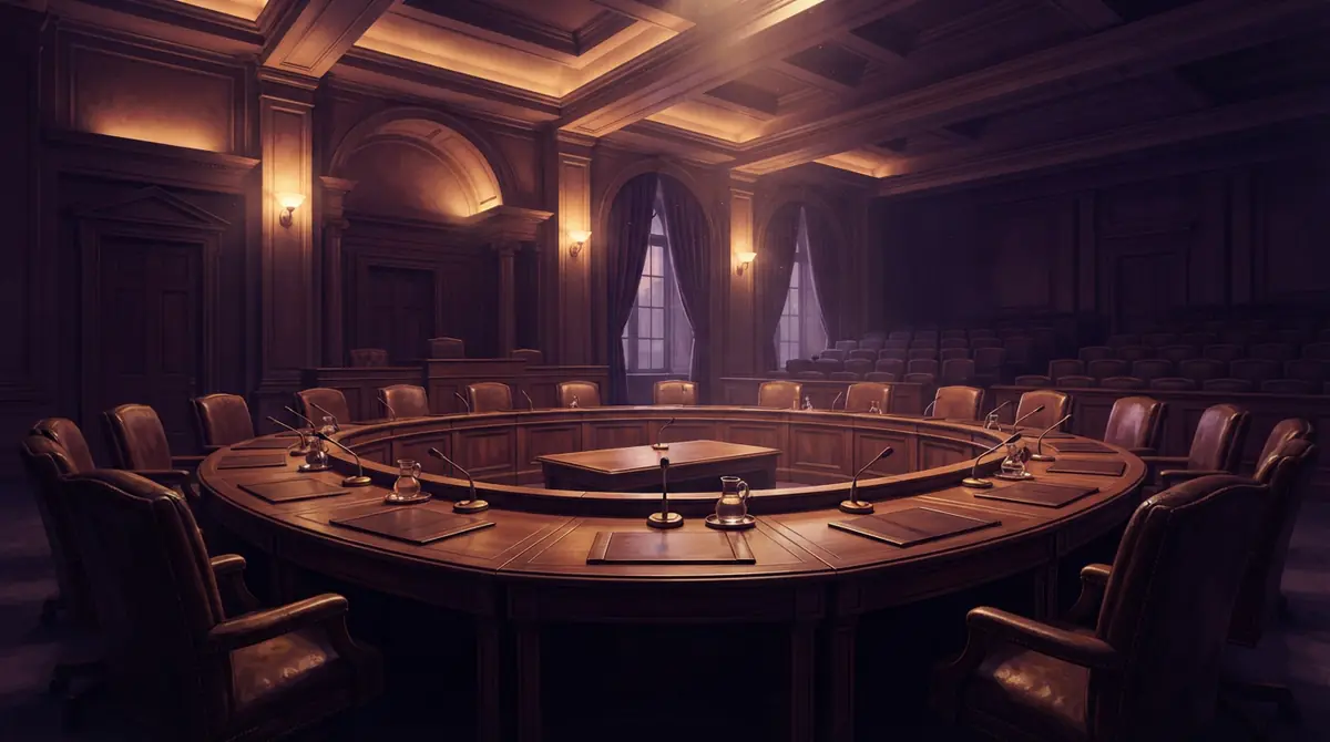 An empty legislative hearing chamber with microphones arranged on polished wooden tables.