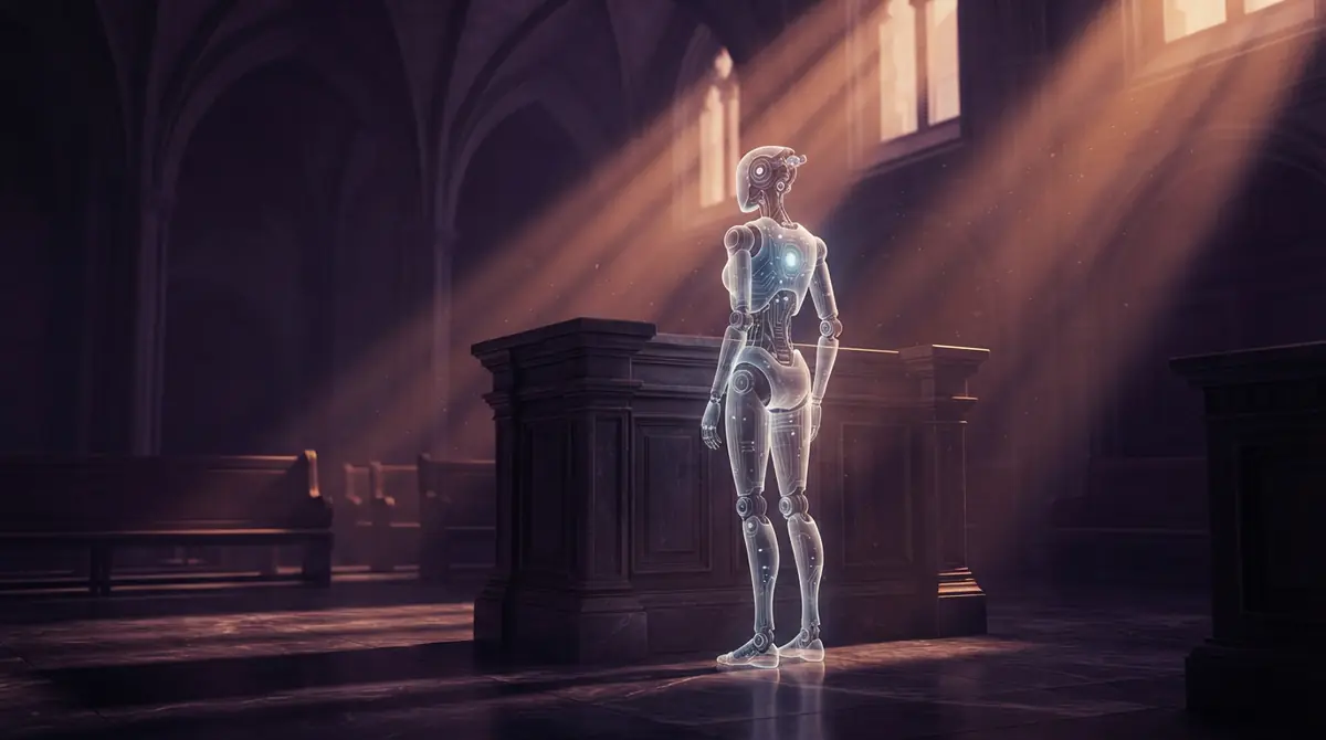 An illustrative scene of a glowing robotic silhouette facing a grand judicial podium in a dim chamber.