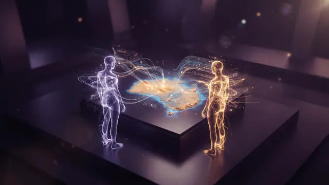 Abstract digital illustration of glowing avatars facing an illuminated map of Australia with data streams, representing a Senate inquiry into AI.