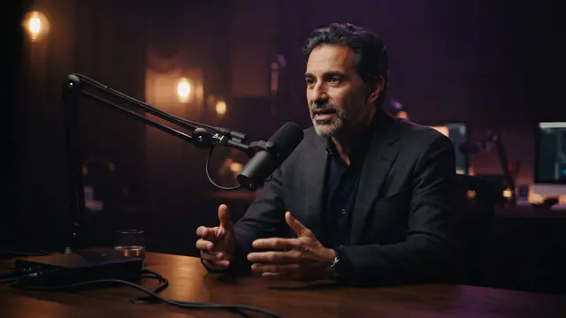 An executive speaking into a microphone during a recorded studio podcast discussion