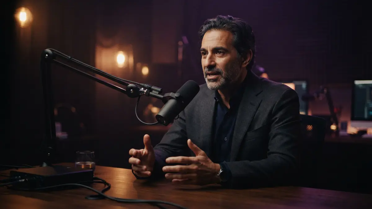 An executive speaking into a microphone during a recorded studio podcast discussion