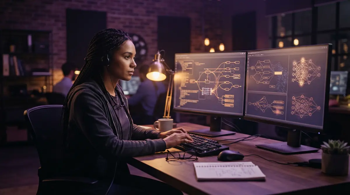 A software engineer analyzing neural network configurations at an office workstation