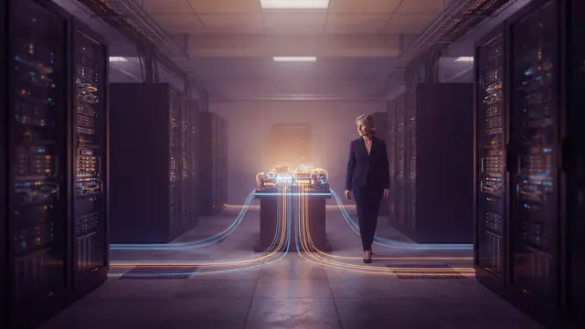Glowing server hardware in a modern data center symbolizing high-speed computation