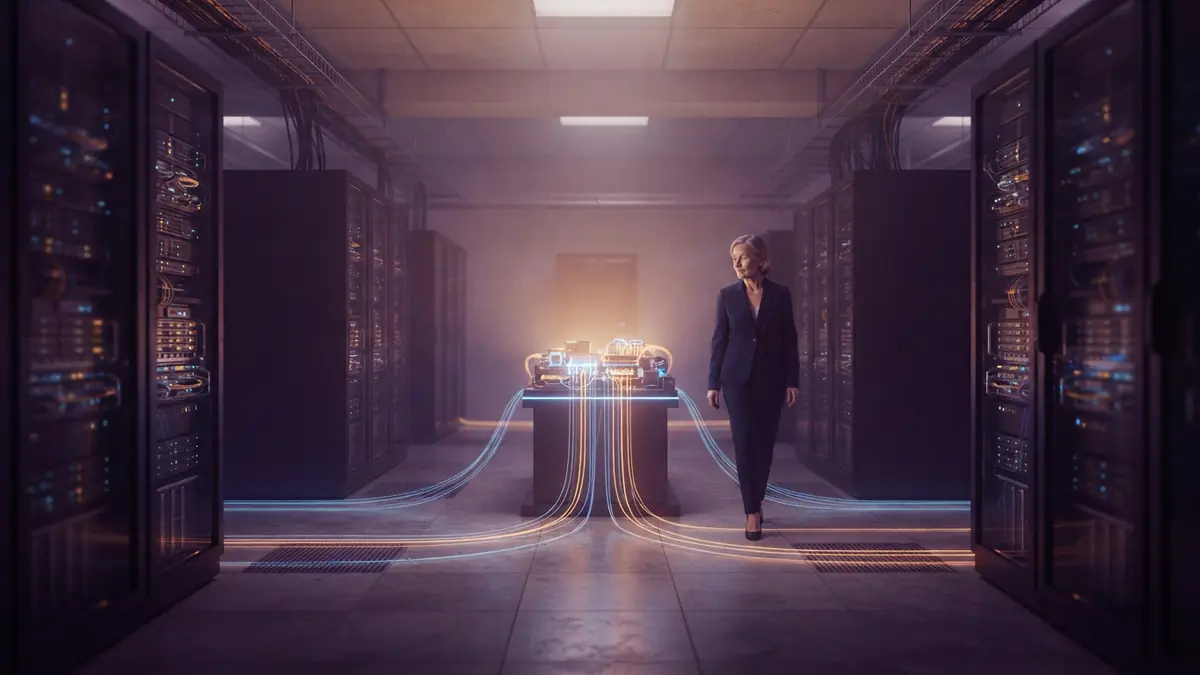 Glowing server hardware in a modern data center symbolizing high-speed computation