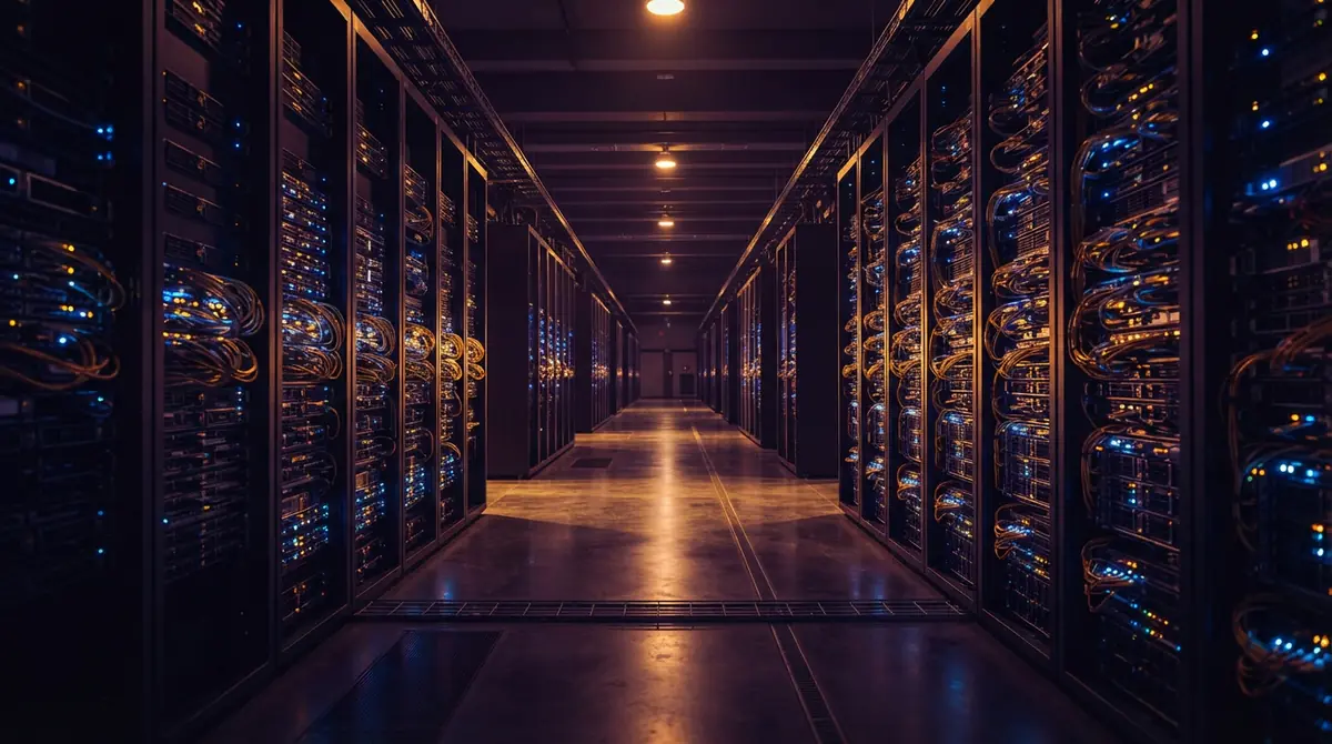 Illustration of high-density server infrastructure inside an AI data center