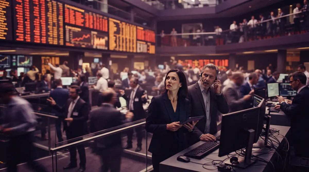 Illustration of market volatility on a modern financial trading floor
